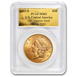 1857-S $20 Lib Gold SS Central America MS-63 PCGS (Narrow Serif)