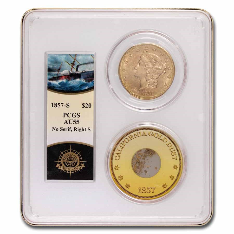 1857-S $20 Lib Gold SS Central America No Serif Rt S AU-55 PCGS