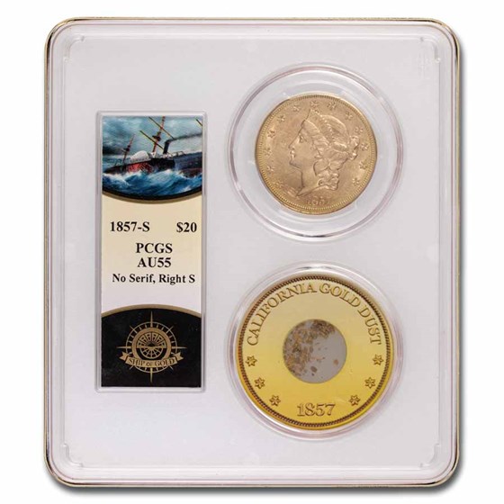 1857-S $20 Lib Gold SS Central America No Serif Rt S AU-55 PCGS 1857-S $20 Lib Gold SS Central America No Serif Rt S AU-55 PCGS