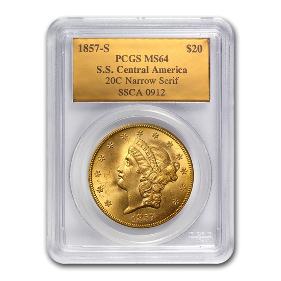 1857-S $20 Lib Gold SSCA 20C MS-64 PCGS (Narrow Serif) 1857-S $20 Lib Gold SSCA 20C MS-64 PCGS (Narrow Serif)