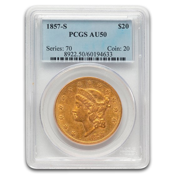 1857-S $20 Liberty Gold Double Eagle AU-50 PCGS