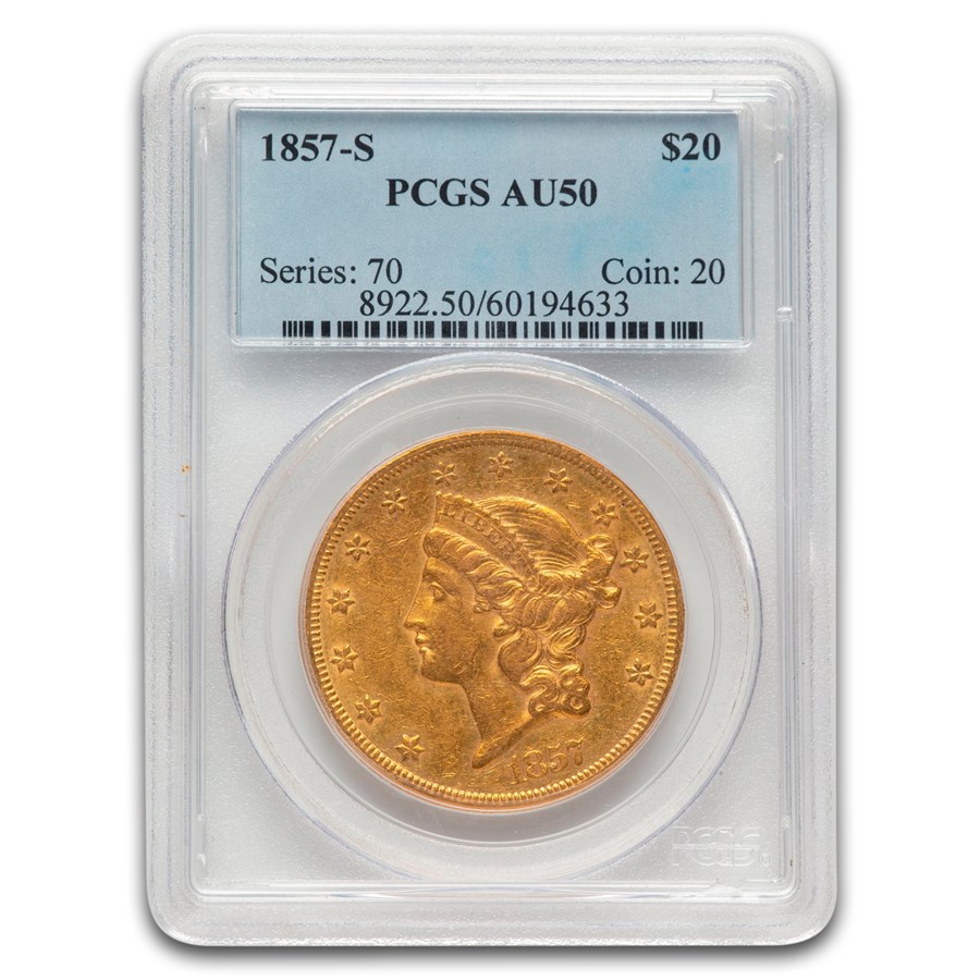 1857-S $20 Liberty Gold Double Eagle AU-50 PCGS