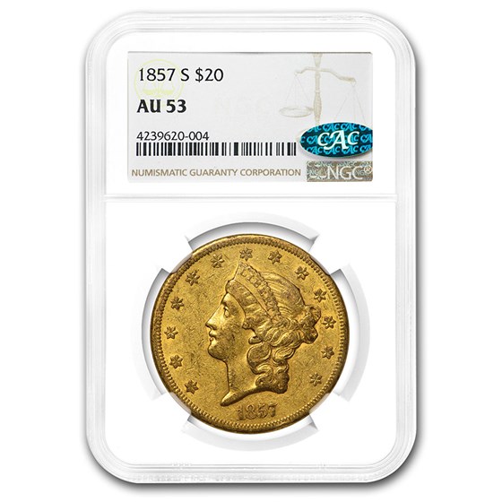 1857-S $20 Liberty Gold Double Eagle AU-53 NGC CAC 1857-S $20 Liberty Gold Double Eagle AU-53 NGC CAC