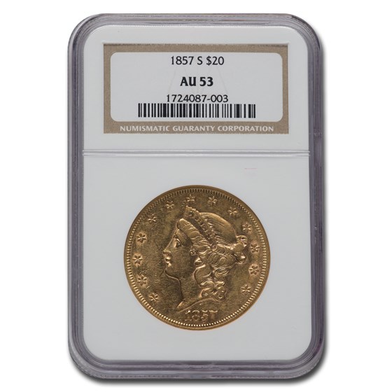 1857-S $20 Liberty Gold Double Eagle AU-53 NGC 1857-S $20 Liberty Gold Double Eagle AU-53 NGC