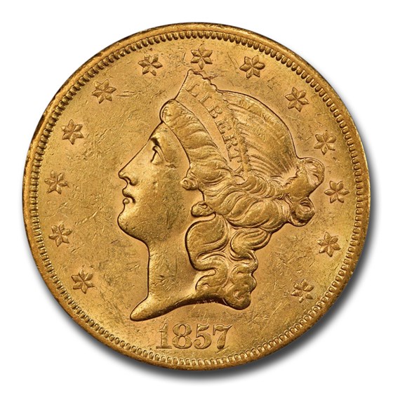 1857-S $20 Liberty Gold Double Eagle AU-55 PCGS CAC
