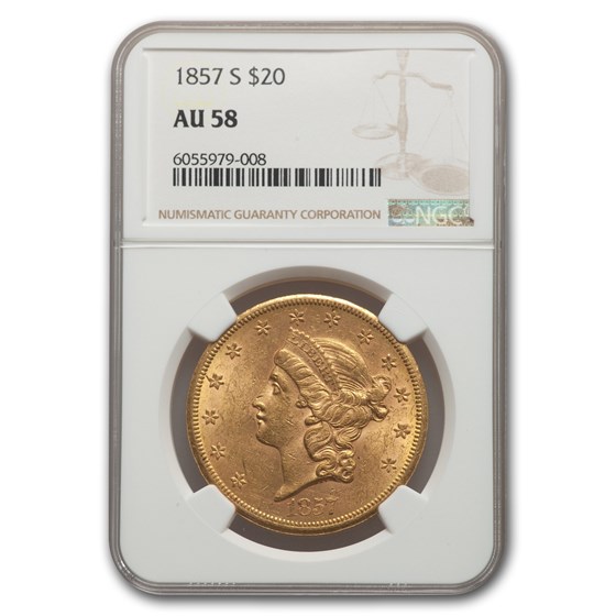 1857-S $20 Liberty Gold Double Eagle AU-58 NGC 1857-S $20 Liberty Gold Double Eagle AU-58 NGC