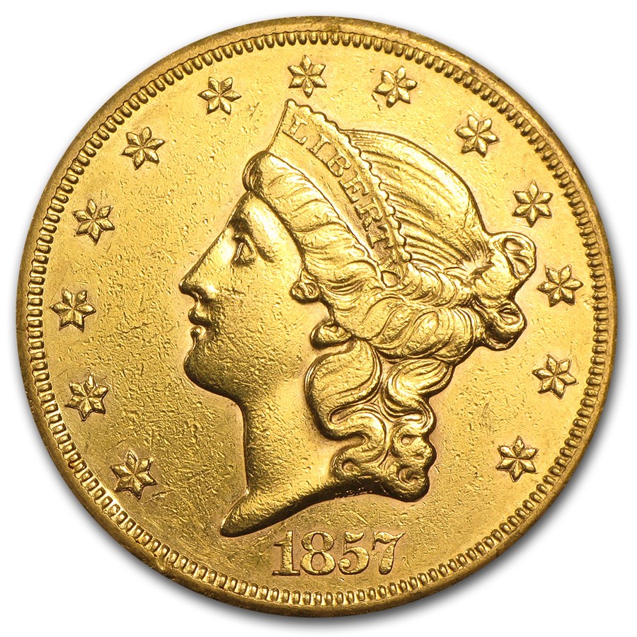 1857-S $20 Liberty Gold Double Eagle AU Details (Cleaned)