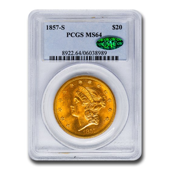 1857-S $20 Liberty Gold Double Eagle MS-64 PCGS CAC 1857-S $20 Liberty Gold Double Eagle MS-64 PCGS CAC