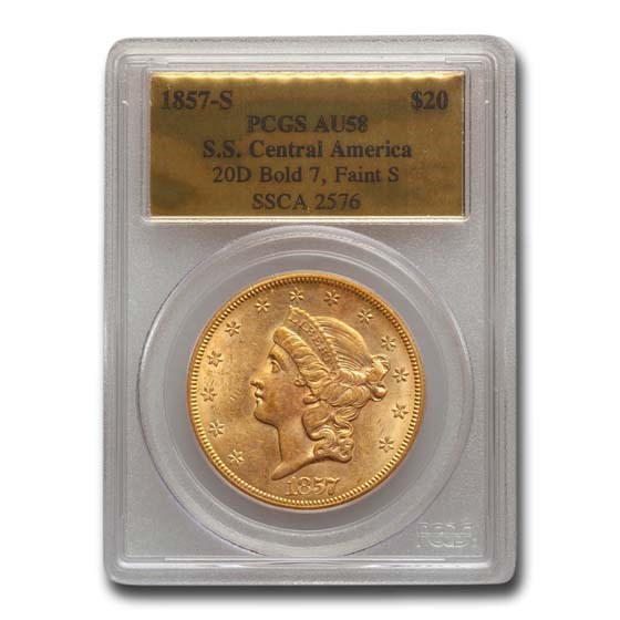 1857-S $20 Liberty Gold SS Central America AU-58 PCGS (Bold 7)