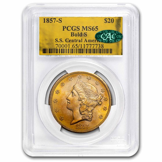 1857-S $20 Liberty Gold SS Central America MS-65 PCGS CAC(Bold S) 1857-S $20 Liberty Gold SS Central America MS-65 PCGS CAC(Bold S)