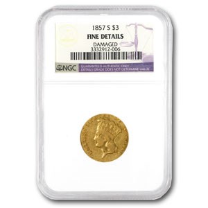 1857-S $3 Gold Princess Fine Details NGC (Rev Scratch) 1857-S $3 Gold Princess Fine Details NGC (Rev Scratch)