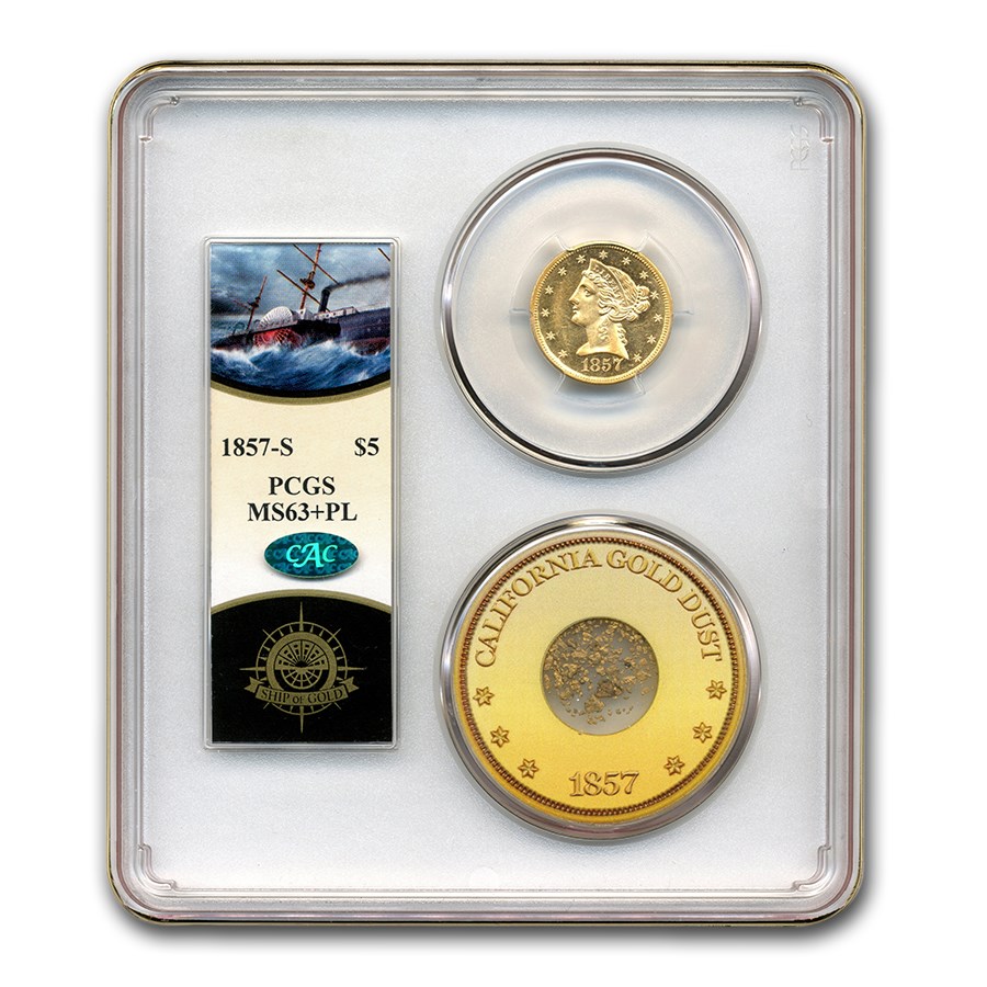 1857-S $5 Liberty Gold Half Eagle MS-63+ PCGS CAC (PL, Cen. Am.)