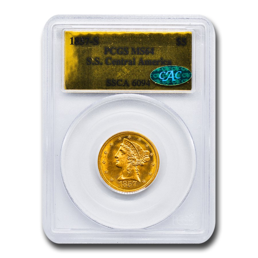 1857-S $5 Liberty Gold Half Eagle MS-64 PCGS CAC (SS Cen America)