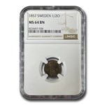 1857 Sweden 1/2 Ore MS-64 NGC (Brown)
