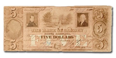 1857 The Bank of Camden, SC, $5 SC-5, VF 1857 The Bank of Camden, SC, $5 SC-5, VF