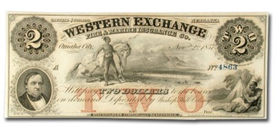 1857 Western Exchange Ins Co Omaha, Nebraska $2.00 Cert Dep NE-80 1857 Western Exchange Ins Co Omaha, Nebraska $2.00 Cert Dep NE-80