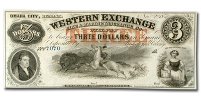 1857 Western Exchange Ins Co Omaha, Nebraska $3.00 Cert Dep NE-80 1857 Western Exchange Ins Co Omaha, Nebraska $3.00 Cert Dep NE-80