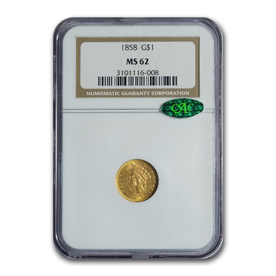 1858 $1 Indian Head Gold MS-62 NGC CAC 1858 $1 Indian Head Gold MS-62 NGC CAC