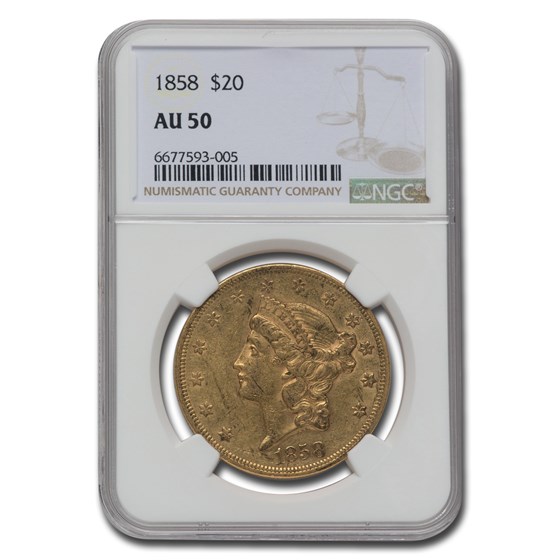 1858 $20 Liberty Gold Double Eagle AU-50 NGC