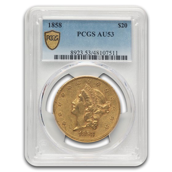 1858 $20 Liberty Gold Double Eagle AU-53 PCGS