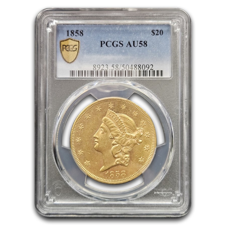 1858 $20 Liberty Gold Double Eagle AU-58 PCGS