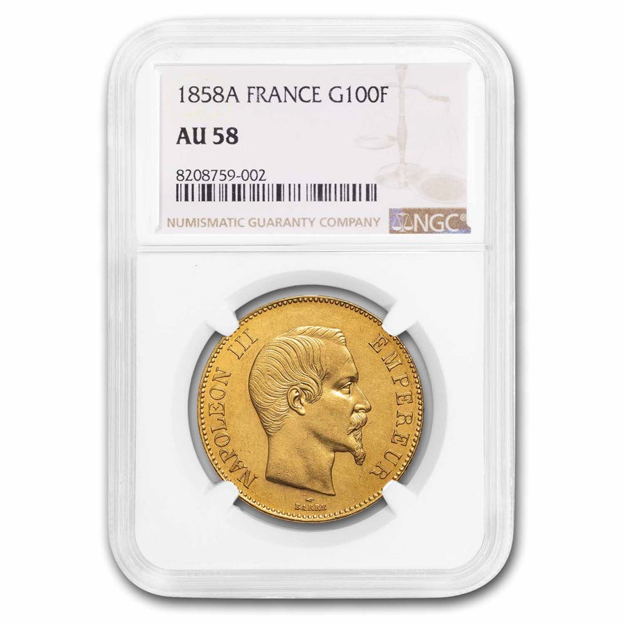 1858-A France Gold 100 Francs Napoleon III AU-58 NGC