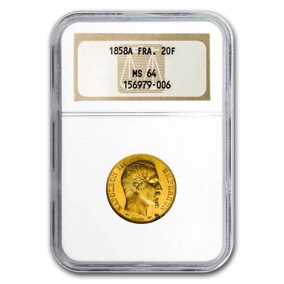 1858-A France Gold 20 Francs Napoleon III MS-64 NGC 1858-A France Gold 20 Francs Napoleon III MS-64 NGC