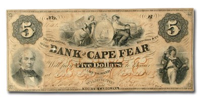 1858 Bank of Cape Fear, Wilmington NC $5 NC-90 VF 1858 Bank of Cape Fear, Wilmington NC $5 NC-90 VF