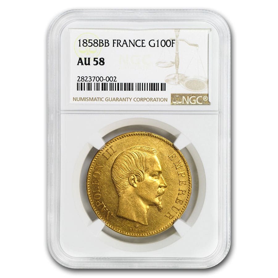 1858-BB France Gold 100 Francs Napoleon III AU-58 NGC