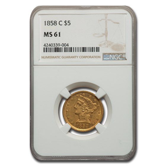 1858-C $5 Liberty Gold Half Eagle MS-61 NGC 1858-C $5 Liberty Gold Half Eagle MS-61 NGC