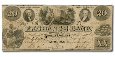 1858 Exchange Bank of Norfolk, VA $20 VA-145 Fine 1858 Exchange Bank of Norfolk, VA $20 VA-145 Fine