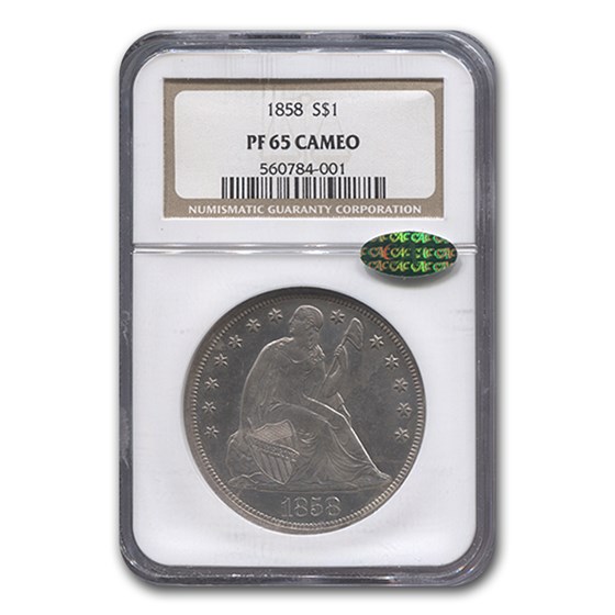 1858 Liberty Seated Dollar PF-65 Cameo NGC CAC 1858 Liberty Seated Dollar PF-65 Cameo NGC CAC