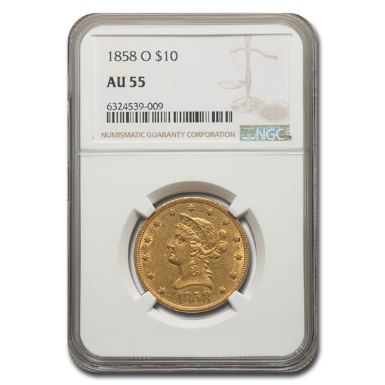1858-O $10 Liberty Gold Eagle AU-55 NGC 1858-O $10 Liberty Gold Eagle AU-55 NGC