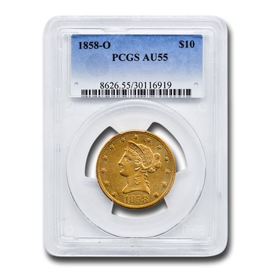 1858-O $10 Liberty Gold Eagle AU-55 PCGS 1858-O $10 Liberty Gold Eagle AU-55 PCGS