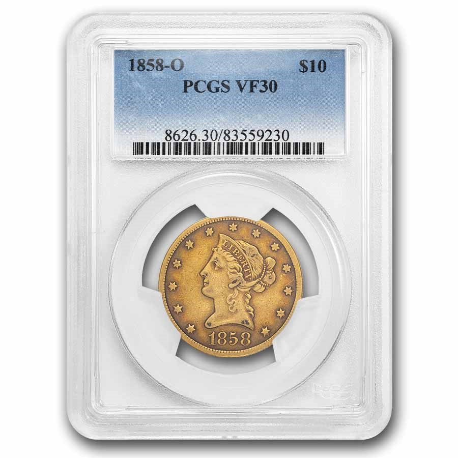 1858-O $10 Liberty Gold Eagle VF-30 PCGS