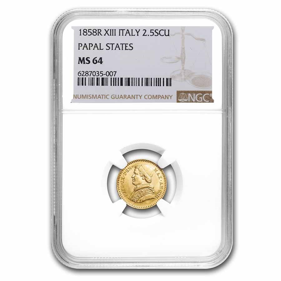 1858 R XIII Papal States Italy Gold 2.5 Scudi MS-64 NGC