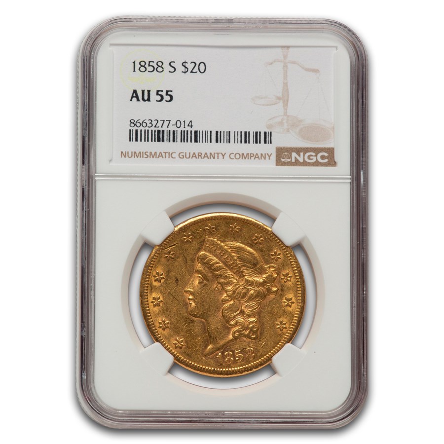 1858-S $20 Liberty Gold Double Eagle AU-55 NGC