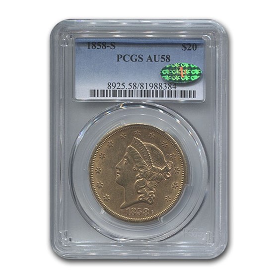 1858-S $20 Liberty Gold Double Eagle AU-58 PCGS CAC 1858-S $20 Liberty Gold Double Eagle AU-58 PCGS CAC
