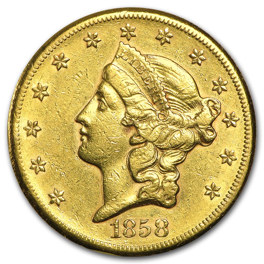 1858-S $20 Liberty Gold Double Eagle AU Details (Cleaned)