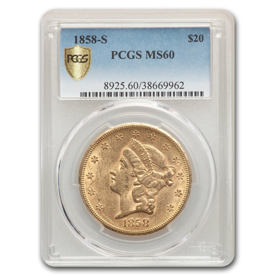 1858-S $20 Liberty Gold Double Eagle MS-60 PCGS