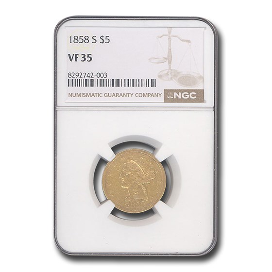 1858-S $5 Liberty Gold Half Eagle VF-35 NGC