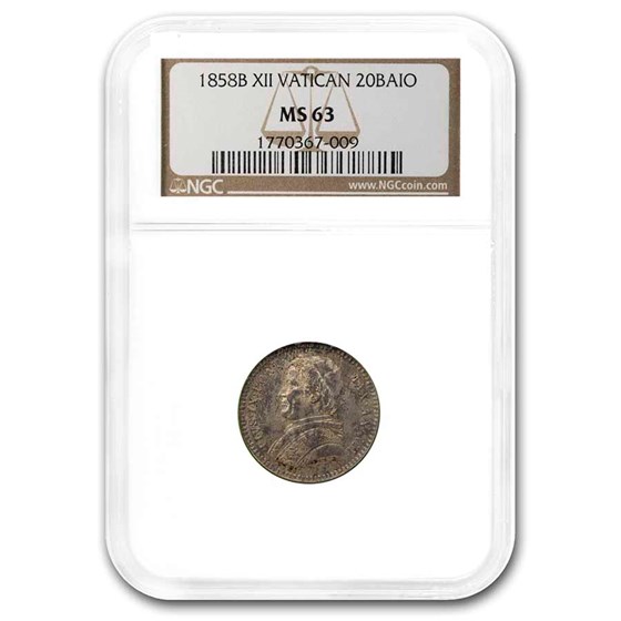 1858B Papal States 20 Baiocchi Pius IX MS-63 NGC 1858B Papal States 20 Baiocchi Pius IX MS-63 NGC