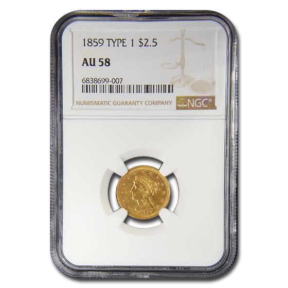 1859 $2.50 Liberty Gold Quarter Eagle AU-58 NGC 1859 $2.50 Liberty Gold Quarter Eagle AU-58 NGC