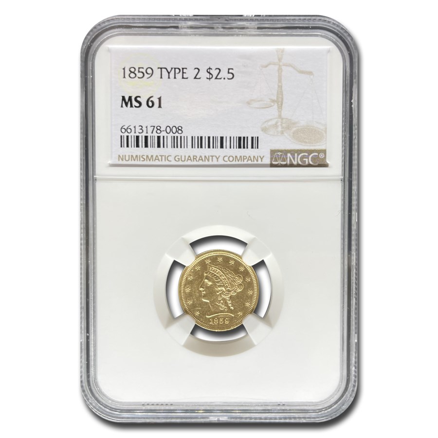 1859 $2.50 Liberty Gold Quarter Eagle Type-II MS-61 NGC