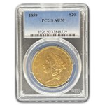 1859 $20 Liberty Gold Double Eagle AU-50 PCGS