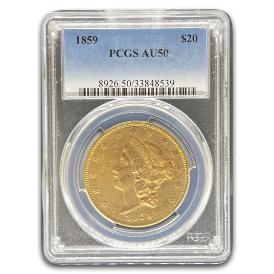 1859 $20 Liberty Gold Double Eagle AU-50 PCGS