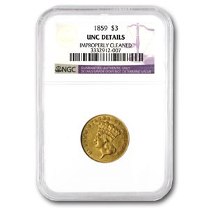 1859 $3 Gold Princess Unc Details NGC (Cleaned) 1859 $3 Gold Princess Unc Details NGC (Cleaned)