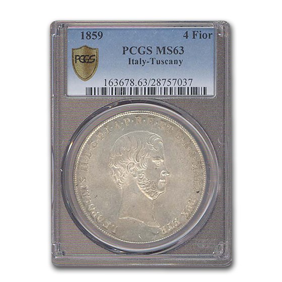 1859 Italy 4 Fiorini Tuscany Leopold II MS-63 PCGS 1859 Italy 4 Fiorini Tuscany Leopold II MS-63 PCGS