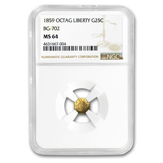 1859 Liberty Octagonal 25 Cent Gold MS-64 NGC (BG-702) 1859 Liberty Octagonal 25 Cent Gold MS-64 NGC (BG-702)
