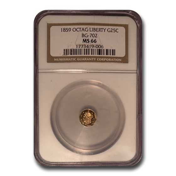1859 Liberty Octagonal 25 Cent Gold MS-66 NGC (BG-702) 1859 Liberty Octagonal 25 Cent Gold MS-66 NGC (BG-702)